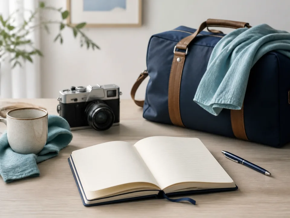 Notizbuch, Kamera und Tasche als Symbole für ein persönliches Vorhaben